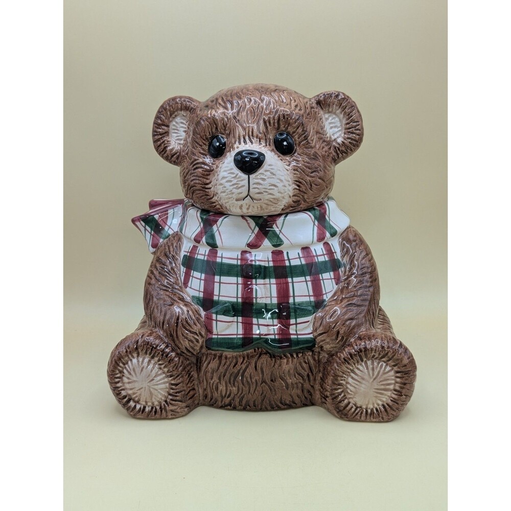 Vintage Holiday Workshop Teddy Bear Cookie Jar Christmas Plaid Sweater Ceramic